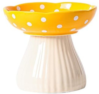 Raised Cat Bowl, Cute Mushroom Cat Water Bowl, Elevated Cat Food Bowl, Ceramic Cat Bowls for Food and Water, Wide Shallow Cat Food Dish, Whisker Fatigue (Yellow)