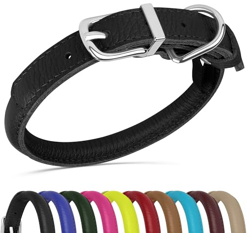 OOPSDOGGY Hundehalsband aus gerolltem Leder, weich, für kleine, mittelgroße und große Hunde, Welpen (Schwarz, M, 30,5 - 38,1 cm)