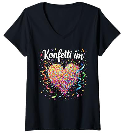 Damen Konfetti im Herzen Karneval Fasching T-Shirt mit V-Ausschnitt