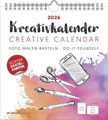 Alpha Edition - Kreativ-Kalender M Weiß 2026 – Bastelkalender 21×22 cm mit Platz für Fotos & kreative Gestaltung, weißer Hintergrund, ideal zum Malen, Basteln & als persönliches Geschenk