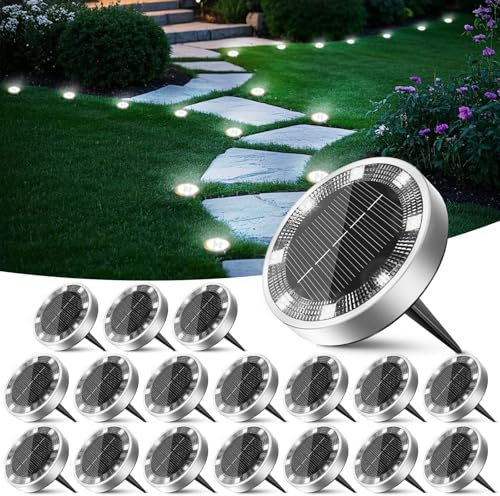 Peasur Lampe Solaire Exterieur Jardin Lot de 18, Lumiere Solaire Au Sol 8 LED, Étanche Spot Solaire Extérieur pour Chemins Allée Pelouse Terrasse Cour Piscine[Blanc Froid]