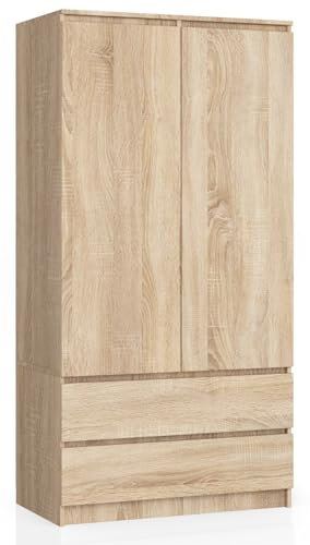BDW Kleiderschränk 2 Türen, 4 Einlegeböden, Kleiderständer, 2 Schubladen, Garderobenständer, Schubladenschrank, Garderobenschrank für Schlafzimmer, Wohnräume, 180x90x51cm, (Eiche Sonoma)