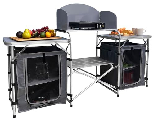 CAMP SOLUTIONS - Mesa de cocina portátil de aluminio para exteriores, con 2 armarios de almacenamiento y bolsa de transporte, mesa de cocina al aire libre para barbacoa, playa, caravana