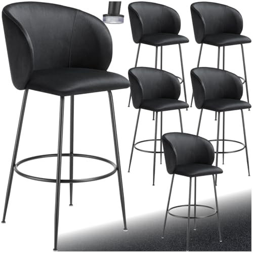 tectake® Samt Hocker hoch, Barhocker mit Lehne, Küchenhocker, Barstuhl, Barmöbel, Barstühle Set oder Bistrostuhl, Tresenhocker, Esszimmerstühle, Sitzhocker für Kücheninsel - schwarz/schwarz, 6er Set