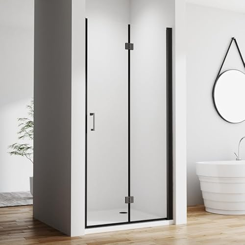 Duschkabine in Nische Falttür 90x195cm Faltbar Nischentür Schwarz, Glas Duschabtrennung in Nische Faltbare Duschwand aus 6mm ESG Nano Sicherheitsglas, Duschtür Dusche Höhe 195cm