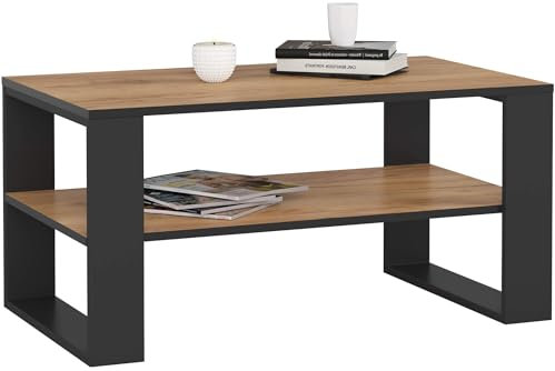 AKORD Couchtisch Holz Alex mit einem Regal, 92x45x53cm, Für Wohnzimmer, Schlafzimmer Schrank, Minimalistisch Modernes Design, Schichtstoffplatte 16mm, Farbe Handwerkliche Eiche & Schwarz