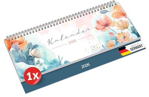 PRIMUS PRINT Tischkalender 2026 Quer Wochenkalender – 64 Seiten Terminkalender und Jahreskalender – 297x130mm – 75g Naturpapier, Drahtkammbindung, Feiertage und Schulferien - [Einzeln - Blumen]