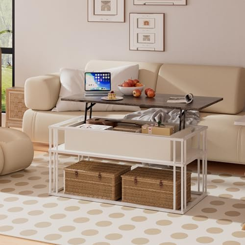 PURFINO Table Basse – Table de Salon Modernes avec Plateau Relevable, Cadre Métallique Stable & Rangement Caché, pour Salon, Petits Espaces, Bureau