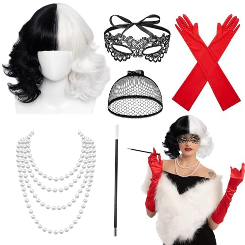 Afenau Cruella Devil Kostüm Damen, 6 Stück Cruella Kostüm Damen mit Cruella Perücke, Perückenmütze, Spitze Maske, Perlenartige Halskette, Handschuhe,Plastikhalter, 70er Jahre Accessoires für Cosplay