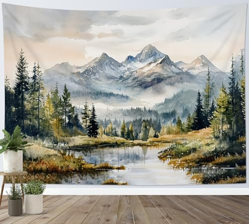 LB Tapiz de Pared Naturaleza Paisaje Arte Mural Árboles Verdes Bosque Montaña Gris Decoracion Pared para Dormitorios Salon,200x150cm