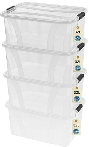 Aufbewahrungsboxen 4x 32Liter mit Deckel, lebensmittelecht - Verschlussclips - 100% Neumaterial Plastik-Box transparent - Kleiderboxen stapelbar & HLKauf-Block