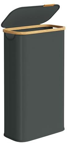 SONGMICS Cesto de Ropa con Tapa, Recogedor de Colada Estrecho, Tejido de Oxford, Plegable, Marco de Bambú, Lavadero, Dormitorio y Salón, 70 L, 42 x 22,5 x 70,5 cm, Gris Pizarra LCB517GN01