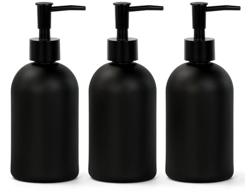 SHILIPAIJC 3pcs Glass Black Soap Dispenser with Pump, 14.4oz Refillable Hand Wash Dispenser Shampoo and Conditioner Dispenser with Labels, Washing Up Liquid Soap Dispenser for Bathroom Kitchen, Dish