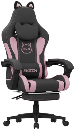 Racingreat Gaming-Stuhl mit Katzenohren und Massagefunktion (Schwarz Rosa) | PC Gaming Chair mit Cat-ear massage, PU-Leder, Memory-Schaum, 90°–135° Neigungswinkel, Frauen Erwachsene Gamer Büro Pause