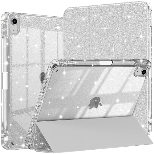 Glitzer Hülle für iPad (A16) 11./10. Generation (2025/2022) mit Stifthalter, Stoßfest & Touch ID,Durchsichtige Rückseite Schutzhülle für Mädchen/Kinder‌, Silber