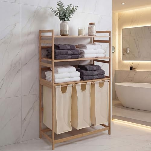 Mendler Bambus Wäschesammler HWC-P78 125x80x40cm 135L - creme | Wäschesortierer, Wäschekorb, Regal, Wäscheorganizer, 3 Ablagen