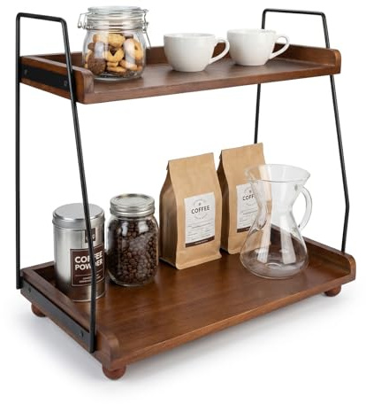 2-Tier Wood Kitchen Storage and Organisation - Tiered Serving Stand for Coffee Bar Decor - 2 Layer Bathroom Countertop Organiser and Skincare Vanity Tray - Coffee Station Decor, Brown