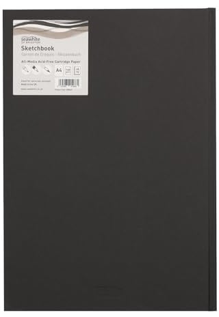 SEAWHITE 32417 - Black Cloth Skizzenbuch DIN A4 hoch, 46 Blatt, 140 g/m² | Strukturiertes Hardcover, säurefrei, hohe Nassfestigkeit, für trockene & nasse Medien wie Bleistift, Marker, Tinte & Aquarell