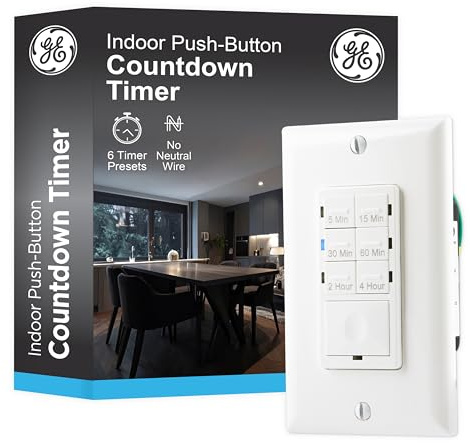 GE Push-Button in-Wall Countdown Timer Switch, On/Off, No Neutral Wire Needed, Ideal for Lights, Bathroom Fan, Exhaust Fans, Heaters, Wall Plate Included, 15318