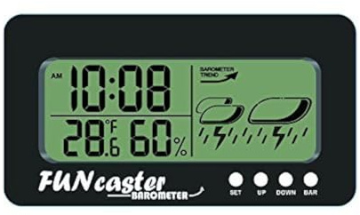 TecScan FUNcaster Barometer Ambient Weather Clock for Golf Cart, Boat, Home, Office Easy to See Time, Temp, Humidity, & Forecast