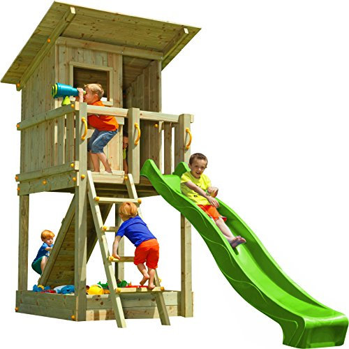 Blue Rabbit Spielturm Beach Hut mit Rutsche + Rampe mit Seil Kletterturm Holzturm Stelzenhaus mit Wasserrutsche, Fernrohr und Kletterrampe mit Seil (Podesthöhe 1,20 m, Grün)
