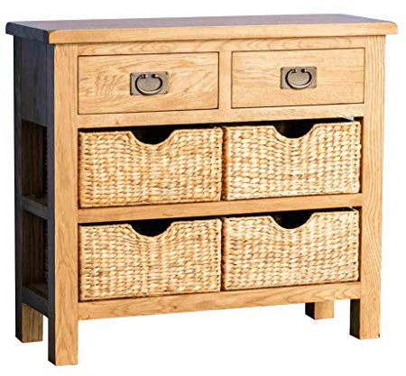 RoselandFurniture Surrey Oak Console Table with Baskets | Traditional Rustic Waxed Solid Wood Hall Storage Cabinet for Living Room, Bedroom, Hallway, Kitchen or Bathroom, Fully Assembled
