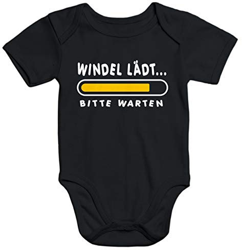 MoonWorks® Kurzarm Baby-Body mit Aufdruck Windel lädt Bitte warten Spruch lustig Bio-Baumwolle schwarz 3-6 Monate