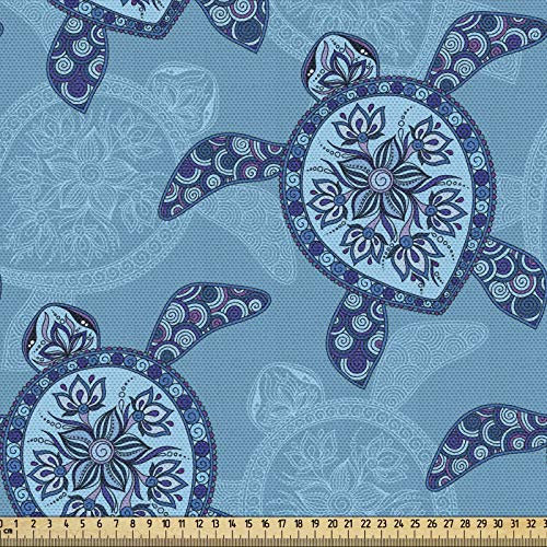 ABAKUHAUS Schildkröte Gewebe als Meterware, Wassertiere Blumen, Schön Gewebten Stoff für Polster und Wohnaccessoires, 1M (148x100cm), Dunkel türkis