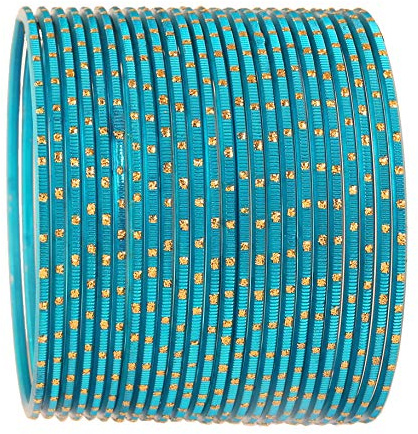 Touchstone „Colorful 2 Dozen Armreifen-Kollektion“, indischer Bollywood-Legierungsmetall-strukturierter blau-aquafarbener Schmuck, großes Armreifen-Set, 24er-Set in antikem Goldton für Damen