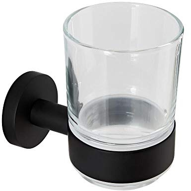 MILANO Wall Mounted Bathroom Glass Toothbrush Tumbler Black Holder
