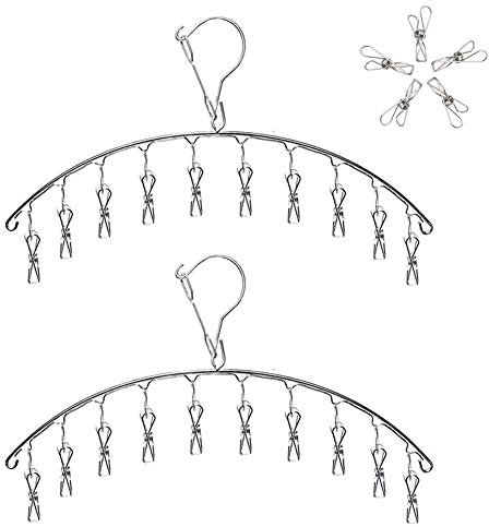 Qualsen 2 Stück Edelstahl Kleiderbügel mit 10 Clips Winddicht Trockengestell für Trocknen Socken, Baby Kleidung, Stoffwindeln, Bras, Handtuch, Unterwäsche, Schal, Mütze, Hose, Handschuhe