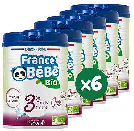 FRANCE BéBé BIO - Lait infantile de croissance bébé 3ème âge en poudre - Lait fabriqué en France - 13 Vitamines 12 Minéraux - Pack 6 boîtes de 800g
