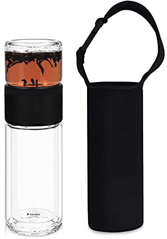 Navaris Glass Tea Bottle - 240ml Borosilicate Glass Tea Infuser with Stainless Steel Strainer, Non-Slip Sleeve, Black