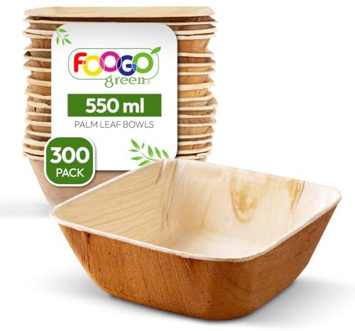FOOGO Green 300pcs Disposable Palm Leaf Bowls, 5 (13cm) 19.4oz (550ml), for Soup, Desserts & Salad, Deep Square, Sturdy Eco Friendly Biodegradable, Bamboo, Wooden and Paper Bowls for Hot Food