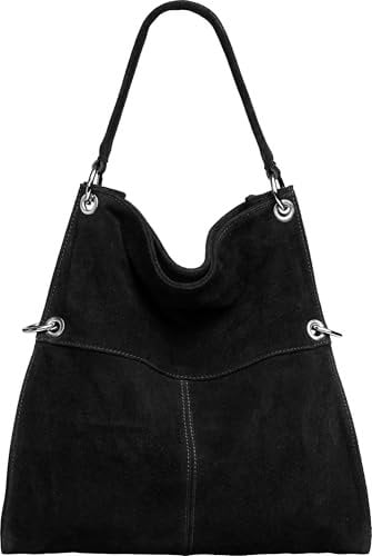 Caspar Große Vintage Leder Schultertasche Damen Handtasche aus weichem Wildleder - PREMIUM LINE - Modell No.805 - Made in Italy, Farbe:schwarz, Größe:One Size