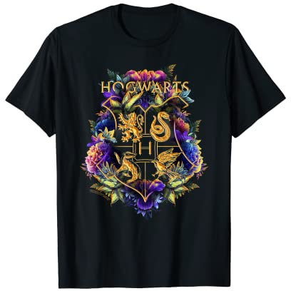 Harry Potter Hogwarts Multi-Colored Floral Crest T-Shirt