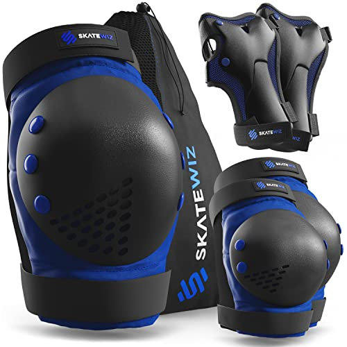 SKATEWIZ Inliner Schoner Erwachsene - Schoner Inliner Erwachsene Knieschoner - Schützer Skate Protektoren - Knie und Ellenbogenschützer Damen & Herren - SMASH Größe L/XL Blau Schwarz