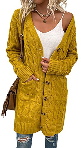 Acramy Damen Mantel Herbst Winter Strickjacke Lang Grobstrick Cardigan Strickmantel mit Knöpfen (M, Gelb)