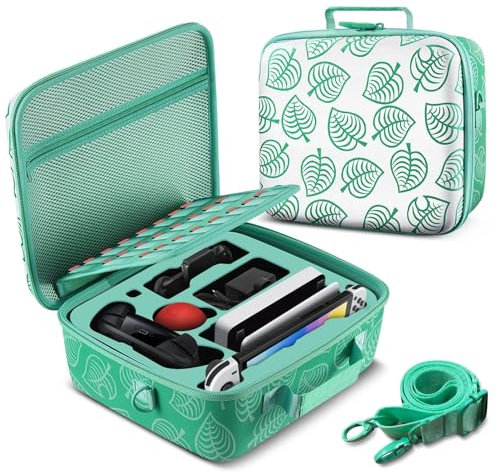 TNP Étui de rangement avec housse de transport portable 2 en 1 pour Nintendo Switch New Horizon Animal Leaf Crossing Étui rigide en EVA pour manette Joy-Con, porte-cartes de jeu