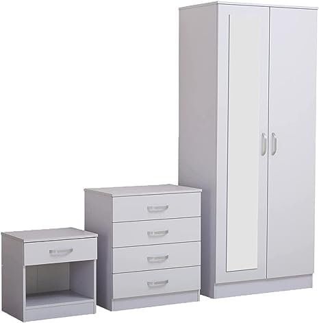 PALAKLOT High Gloss Bedroom Furniture Set – 3-Piece Set with Wardrobe, 4-Drawer Chest, and Bedside Cabinet – Stylish Storage Solution for Modern Bedrooms – Soft Close Doors (White)