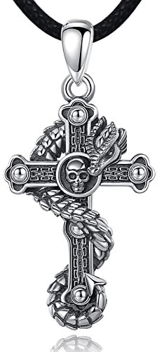 EUDORA Harmony Ball Wikinger Drachen Kette mit Kreuz Damen Herren Sterling Silber 925, Schwarz Lederseil Halskette Amulett Anhänger Witcher Schmuck Geschenk für Ehemann Herren Mutter Vater, 61cm