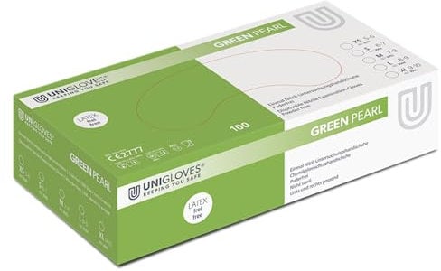 UNIGLOVES - Green PEARL® Grüne passgenaue Einweghandschuhe aus Nitril | Lebensmittelecht, puderfrei & latexfrei | hohe Festigkeit & Haltbarkeit | 100 Stück | Einmalhandschuh M