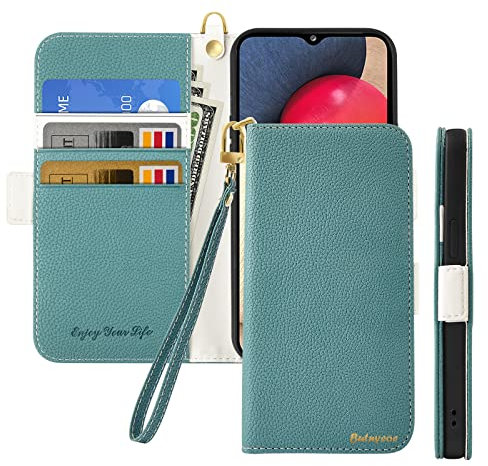 Butnyeoe Handyhülle für Samsung Galaxy A20e Klappbar Hülle,Litschi Textur Leder Wallet Schutzhülle Tasche Flip Cover Case,Magnetic Closure Klapphülle mit Kartenfach Standfunktion,Blau Grün