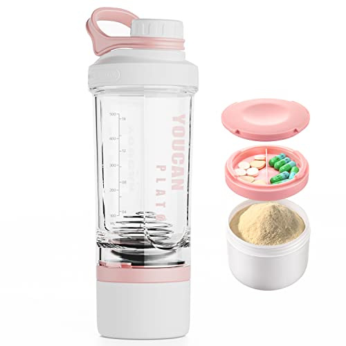 21oz Protein Shaker Bottle with Powder Storage Container-Shaker Cups for Protein Shakes-pre workout bottle-Mixer Cup-Gym Sport Water Bottle -Made with Tritan BPA Free,with Wire Whisk Balls,Pink