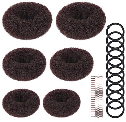FRIUSATE Haar Donut Set, Haarschmuck, Duttkissen, Dutt Kissen Donut Haarknoten Maker-Set, 6 teiliges Donut Haarknoten Maker Set mit 10 elastischen Haarschnüren und 20 U-förmigen Clips