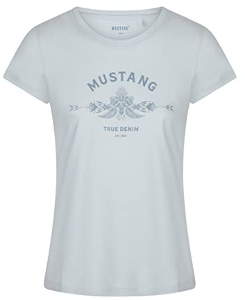 MUSTANG Damen Tshirt Rundhals O-Neck Basic Kurzarm Logo Print Sommer Shirt | 100% Baumwolle Weiß Blau Grün Rot S M L XL XXL