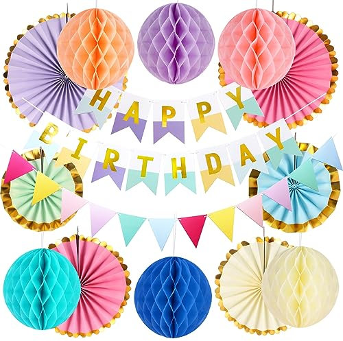 SUNNOW Pastel Birthday Party Decorations for Girls Women, Happy Birthday Banners Hanging Paper Fans Happy Birthday Bunting Decorations Set for Birthday Party Decoration Supplies
