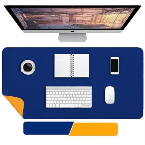 Schreibtischunterlage - 100 x 40 cm Doppelseitig PU-Leder-Schreibtischmatte, Mauspad Groß, Tischunterlage Schreibtisch, Desk Mat, Wasserdichte Antifouling, für Büro und Zuhause (Blau+Gelb)