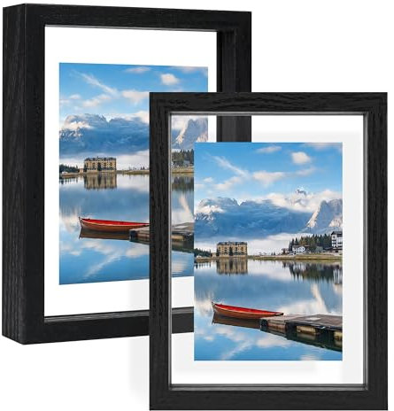 YOTINTIN Lot de 2 cadres photo de 12,7 x 17,8 cm - Double verre flottant - Cadre photo en bois pour montage mural ou de table - Pour photos de 7,6 x 12,7 cm, 10,2 x 15,2 cm, noir