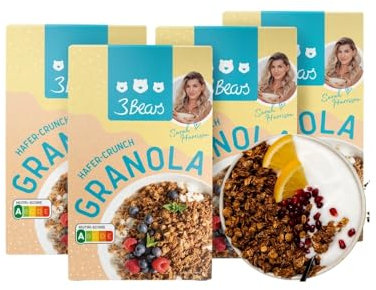 3Bears Granola – Hafer Crunch | Knuspriges & veganes Granola mit Kokosflocken und Zimt, 4x325g | Ohne Industriezucker | In Kooperation mit Sarah Harrison